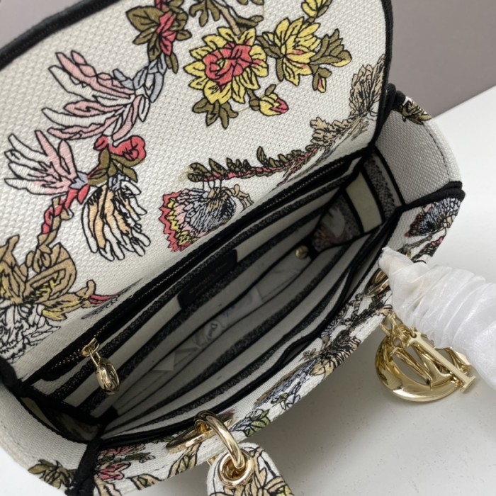 Dior Women CD Medium Lady D-Lite Bag White Multicolor Jardin Botanique Embroidery