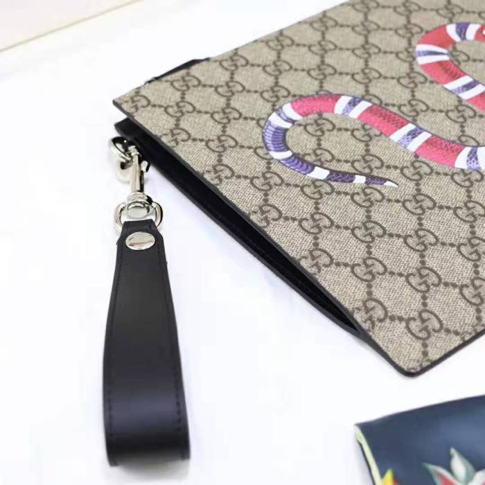 Gucci GG Men Gucci Bestiary Pouch with Kingsnake in Beige/Ebony GG Supreme Canvas
