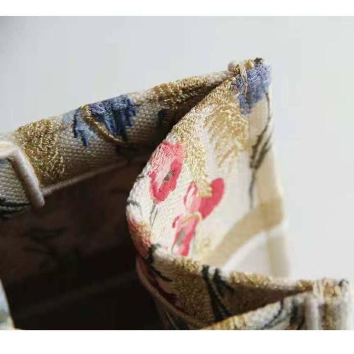 Dior Women Small Book Tote Beige Multicolor Hibiscus Metallic Thread Embroidery