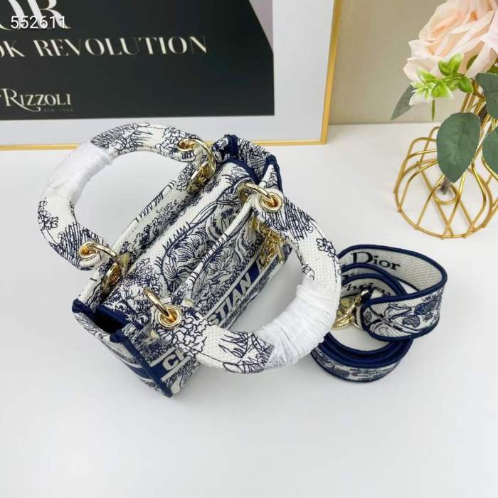 Dior Women CD Mini Lady D-Lite Bag White Navy Toile De Jouy Embroidery