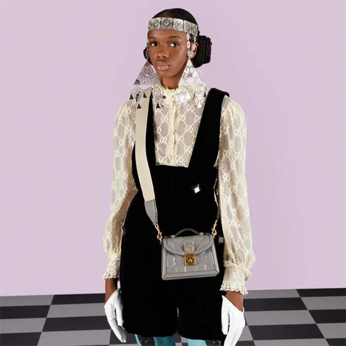 Gucci Women GG Matelassé Small Top Handle Bag Dusty Grey Leather Double G