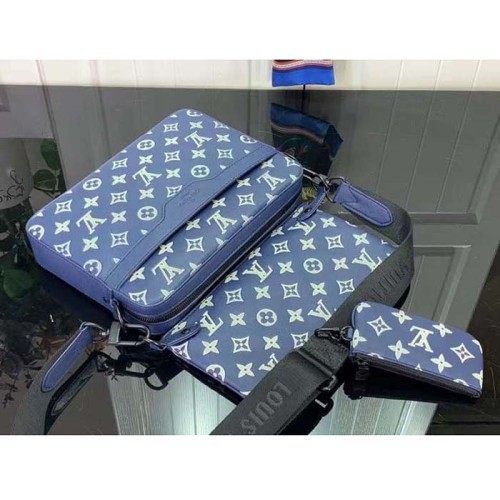 Louis Vuitton LV Unisex Trio Messenger Ink Blue White Monogram Shadow Calf Leather M24753