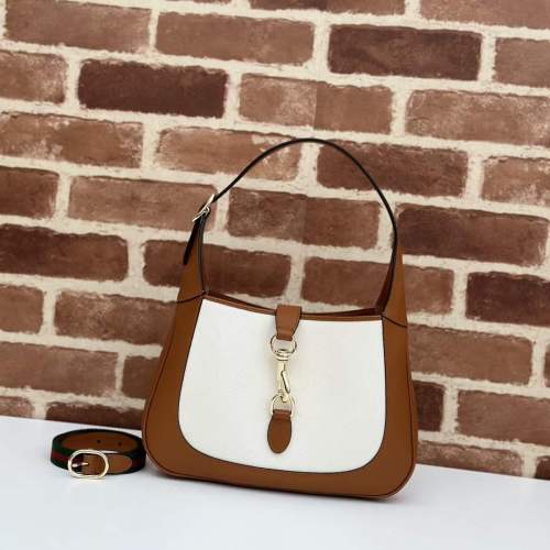 Gucci Women GG Jackie Small Shoulder Bag White Canvas Brown Leather Hook Closure
