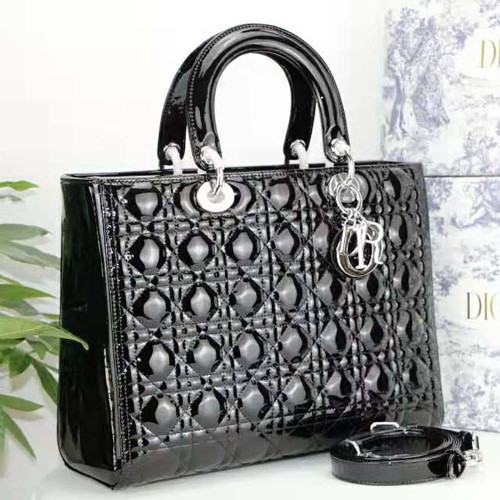 Dior Women Large Lady Dior Bag Black Patent Cannage Calfskin