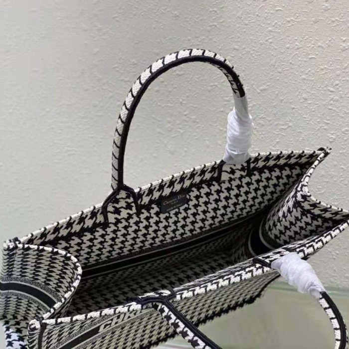 Dior Women Book Tote Black and White Houndstooth Embroidery