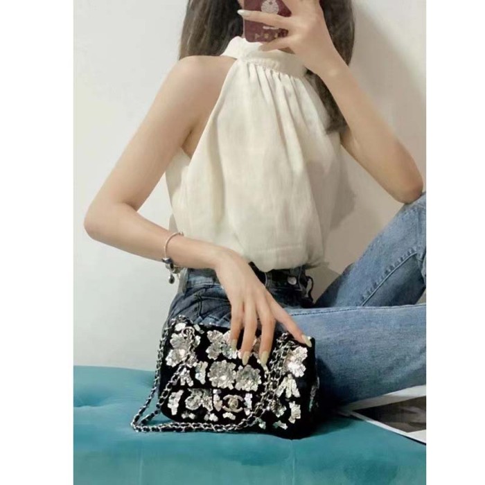 Chanel Women CC Classic Handbag Embroidered Velvet Sequins Silver-Tone Metal Black Silver