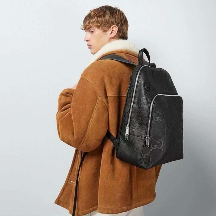 Gucci GG Unisex Large Jumbo GG Backpack Black Leather Cotton Linen Lining Padded Mesh Back