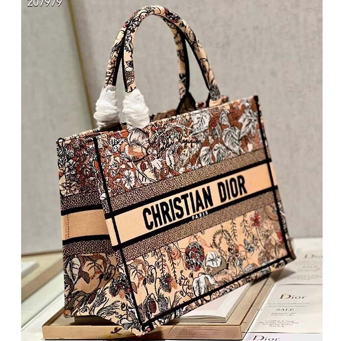 Dior Women CD Medium Book Tote Powder Pink Jardin Magique Embroidery