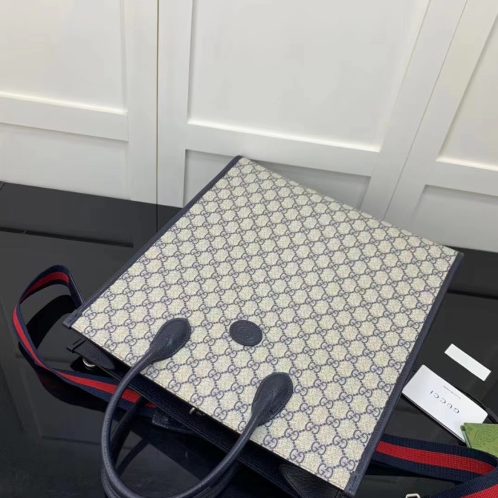 Gucci GG Unisex Medium Tote Bag Interlocking G Beige Blue Supreme Canvas
