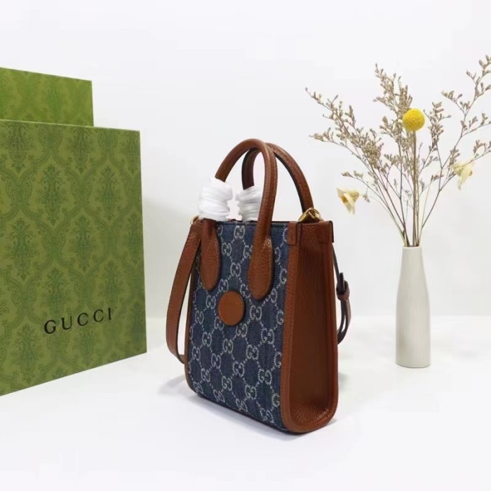 Gucci Unisex Mini Tote Bag Interlocking G Blue Ivory GG Denim Jacquard