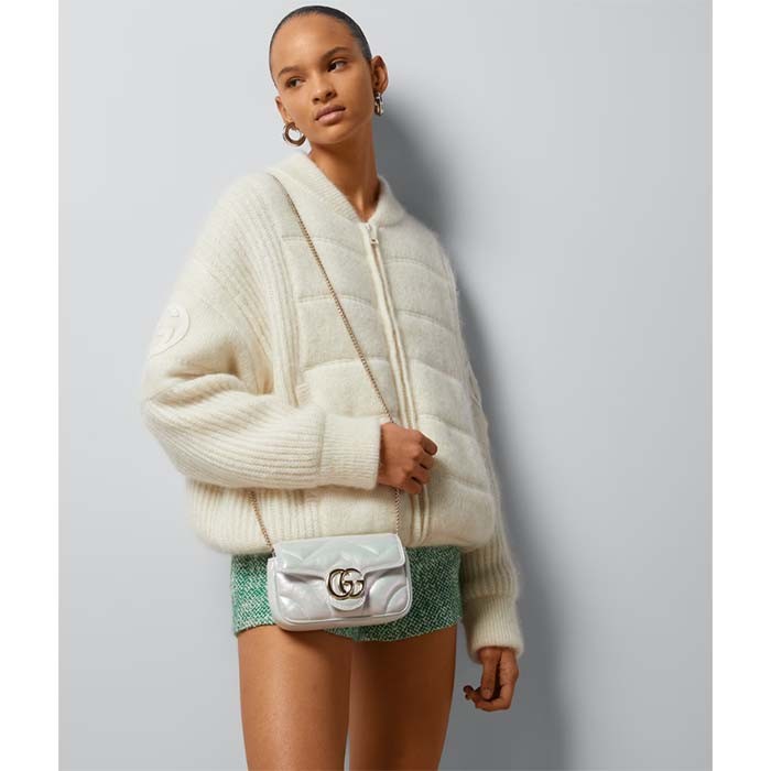 Gucci Women GG Marmont Super Mini Bag Light Blue Iridescent Matelassé Chevron Leather