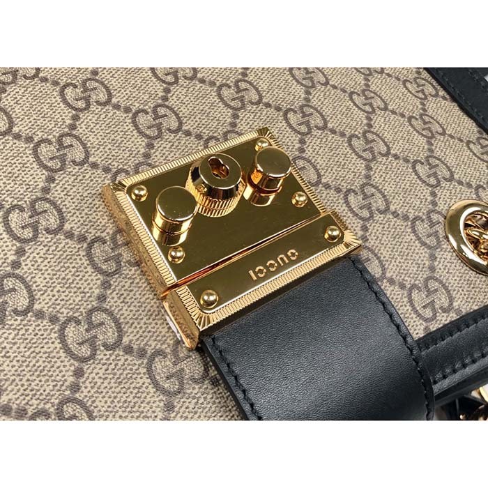 Gucci Women Padlock Small GG Shoulder Bag Beige Ebony GG Supreme Canvas Black Leather