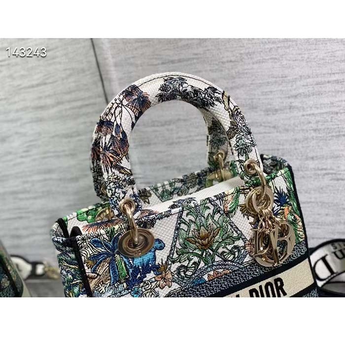 Dior Women CD Medium Lady D-Lite Bag White Multicolor Étoile De Voyage Embroidery