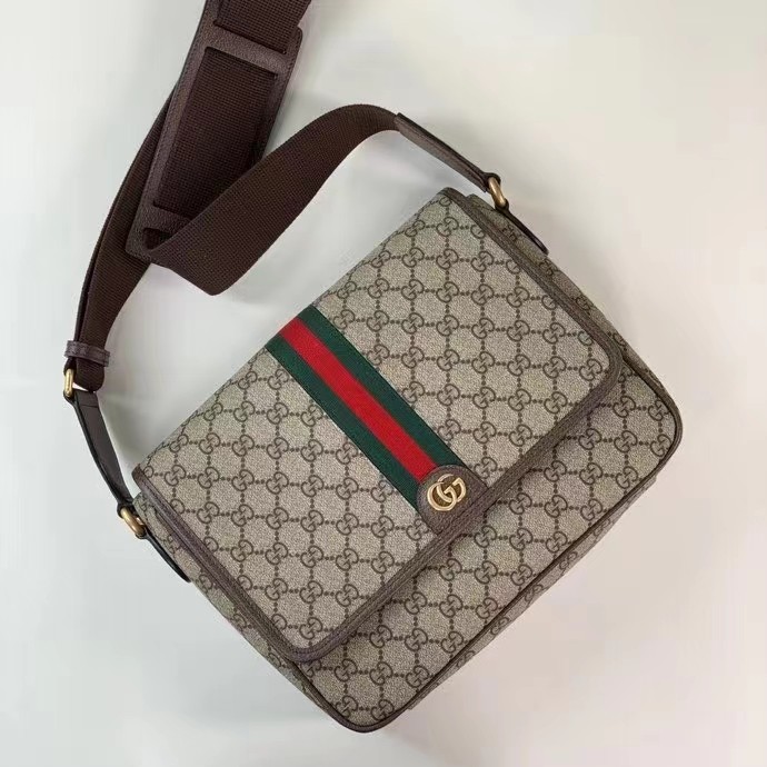 Gucci Unisex Ophidia Medium Messenger Bag Beige Ebony GG Supreme Canvas Double G