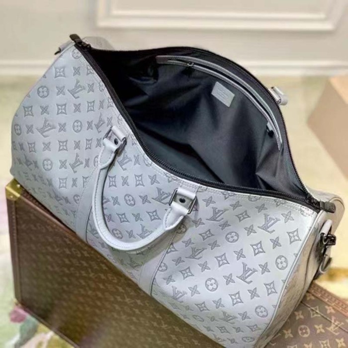 Louis Vuitton LV Unisex Keepall 50B Anthracite Gray Monogram Shadow Calf Leather