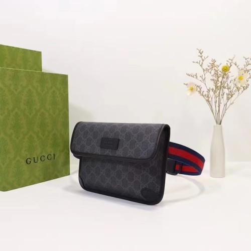 Gucci Unisex GG Black Belt Bag Black Grey GG Supreme Canvas Leather Trim