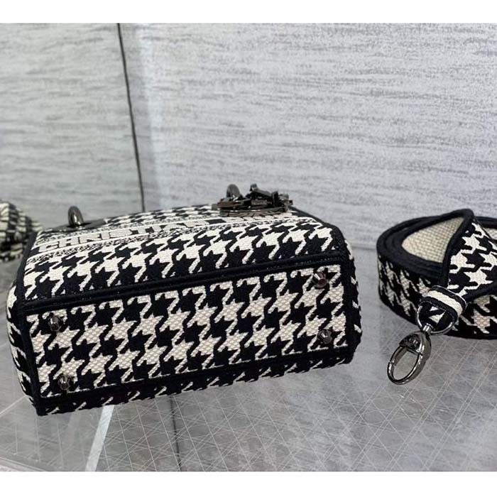 Dior Women CD Mini Lady D-Lite Bag Black White Houndstooth Embroidery