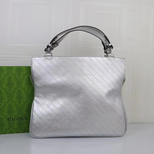 Gucci Unisex Blondie Medium Tote Bag Silver Lamé Leather Round Interlocking G