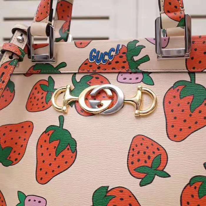 Gucci GG Women Gucci Zumi Strawberry Print Medium Top Handle Bag in Gucci Strawberry Print Ivory Leather