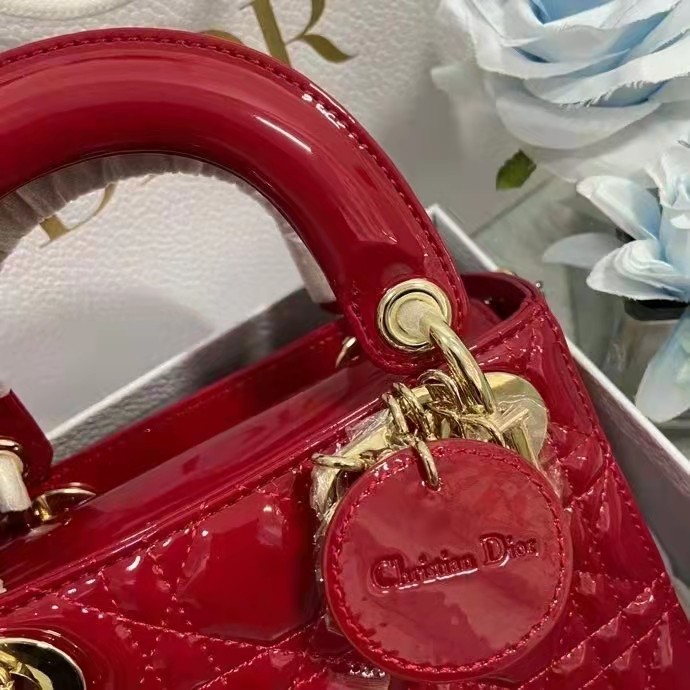 Dior Women CD Mini Lady Dior Bag Cherry Red Patent Cannage Calfskin