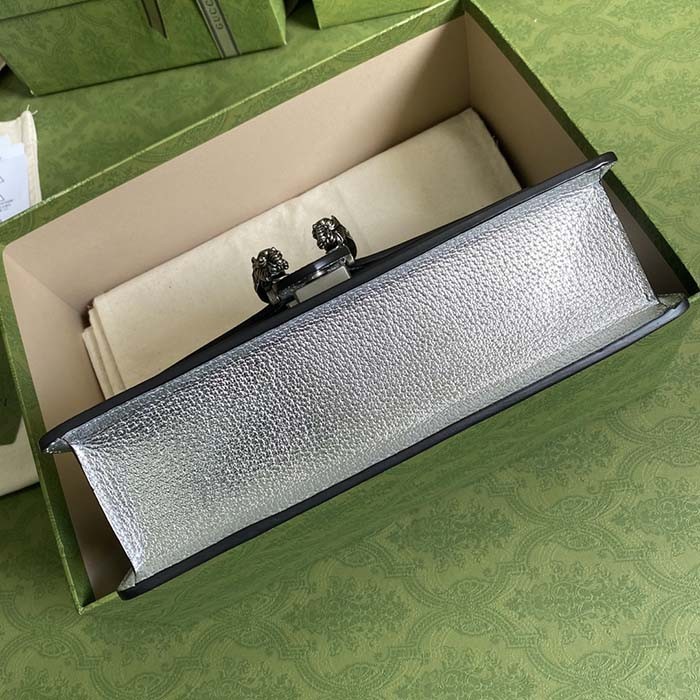 Gucci Women Dionysus Small Shoulder Bag Silver Lamé Leather Tiger Head