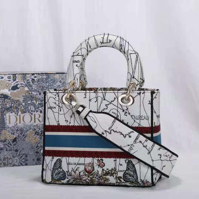 Dior Women Medium Lady D-lite Bag Latte Multicolor Dior Constellation Embroidery-White
