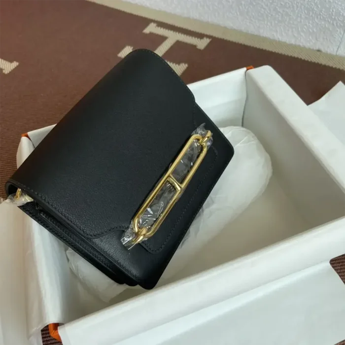 Hermes Women Roulis Mini Bag in Evergrain Calfskin-Black/Gold