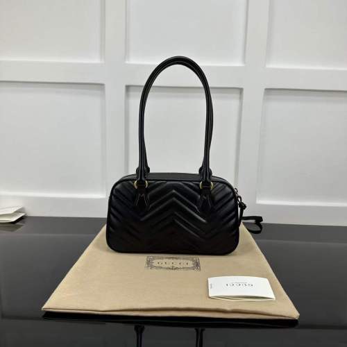 Gucci Women GG Marmont Small Top Handle Bag Black Matelassé Leather Chevron