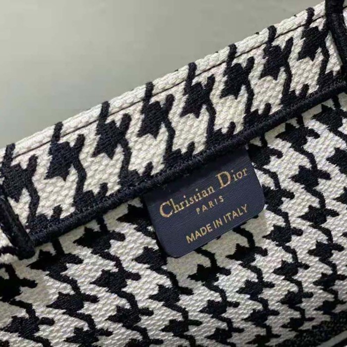 Dior Women Book Tote Black and White Houndstooth Embroidery