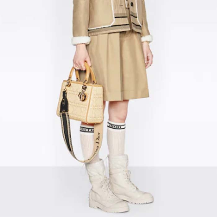 Dior Women CD Medium Lady Dior Handbag Natural Cannage Raffia