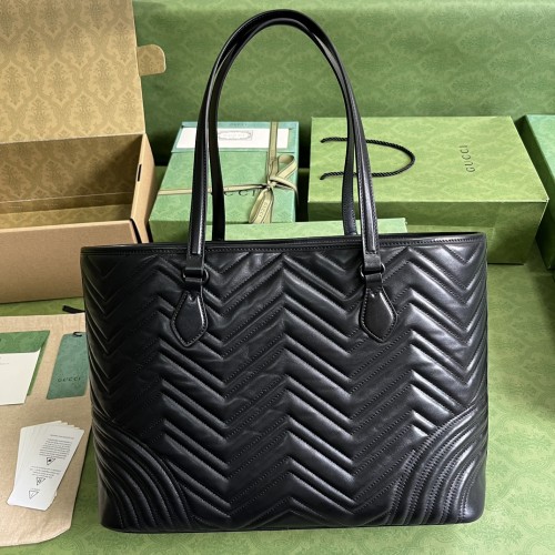 Gucci Women GG Marmont Large Tote Bag Black Matelassé Chevron Leather