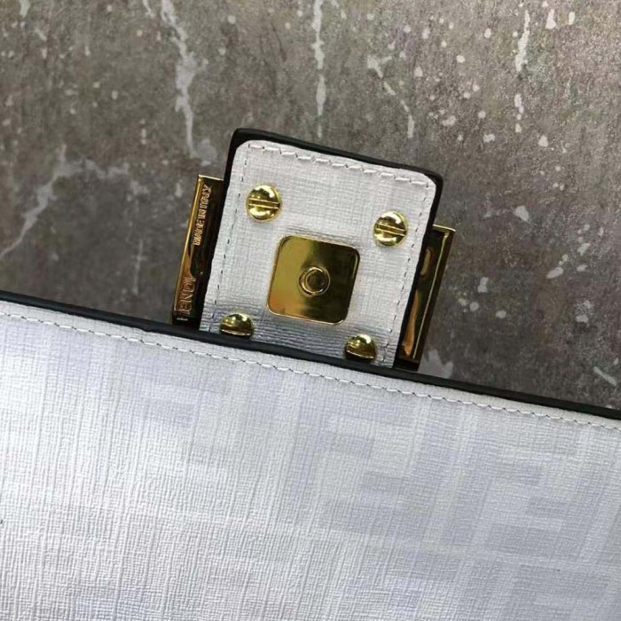 Fendi Women Baguette FF White Glazed Fabric Bag with Inlay