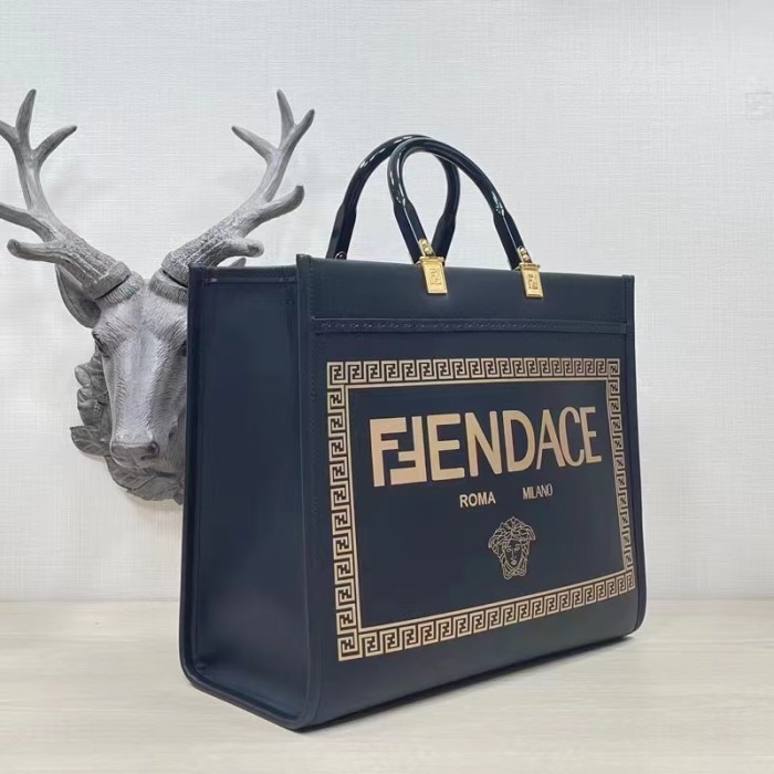 Fendi Women FF Sunshine Medium Fendace Printed Black Leather Logo Shopper
