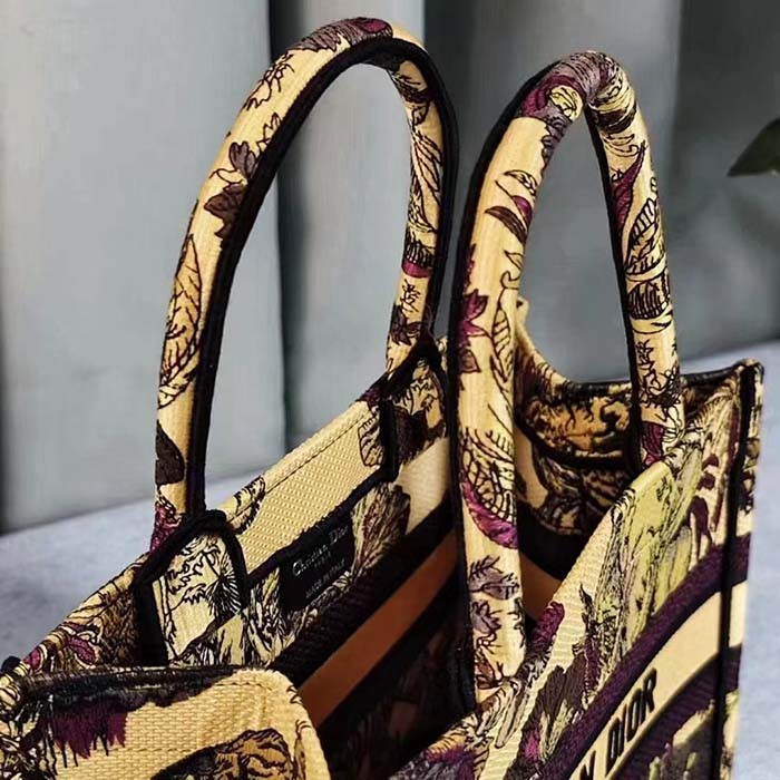 Dior Unisex CD Medium Book Tote Yellow Multicolor Toile De Jouy Voyage Embroidery