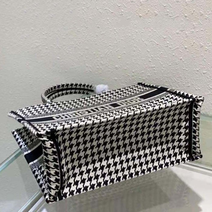Dior Women Small Dior Book Tote Black and White Houndstooth Embroidery