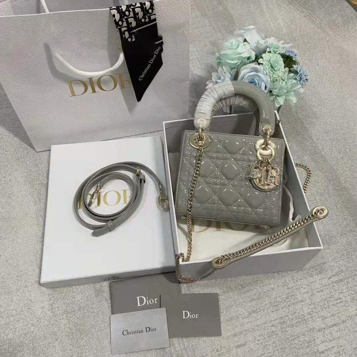 Dior Women CD Mini Lady Dior Bag Gray Patent Cannage Calfskin