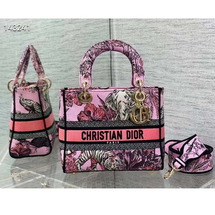 Dior Women CD Medium Lady D-Lite Bag Pink Multicolor Toile De Jouy Voyage Embroidery