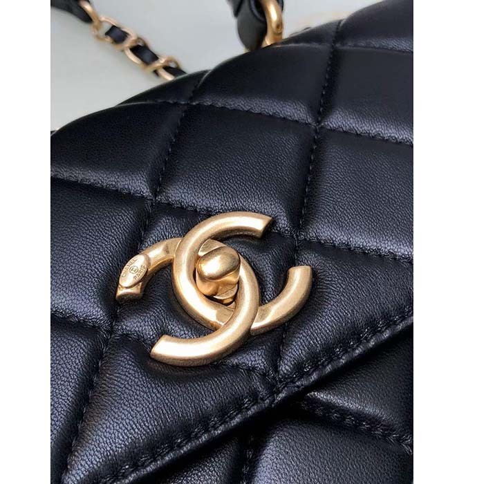 Chanel Women CC Flap Bag Top Handle Lambskin Gold-Tone Metal Black