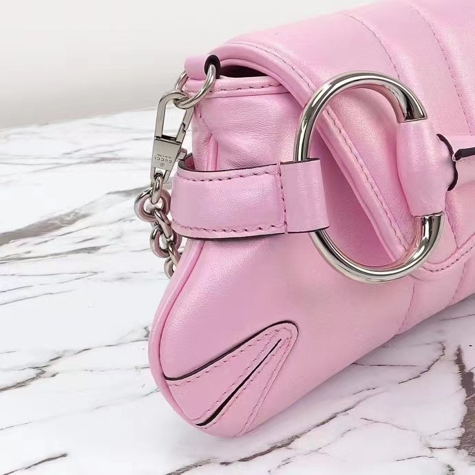 Gucci Women GG Horsebit Chain Small Shoulder Bag Pink Iridescent Quilted Leather Maxi Horsebit Style ‎764339 AAC31 5826
