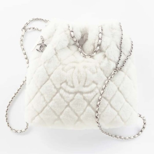 Chanel Women CC Large Backpack Shearling Lambskin Silver-Tone Metal White