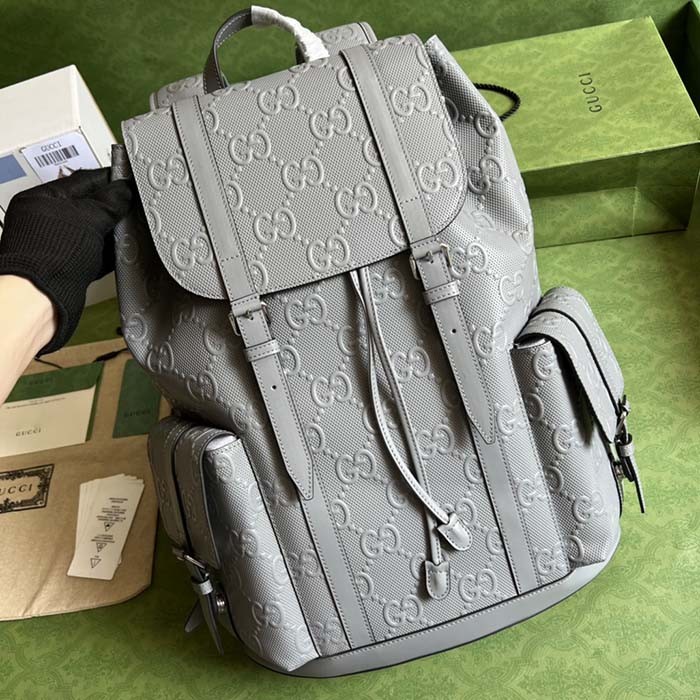 Gucci GG Unisex GG Embossed Backpack Grey GG Embossed Leather