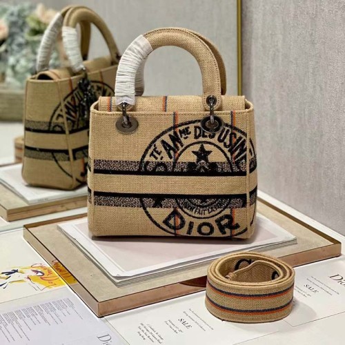 Dior Unisex CD Medium Lady D-Lite Bag Beige Jute Canvas Embroidered Dior Union Motif