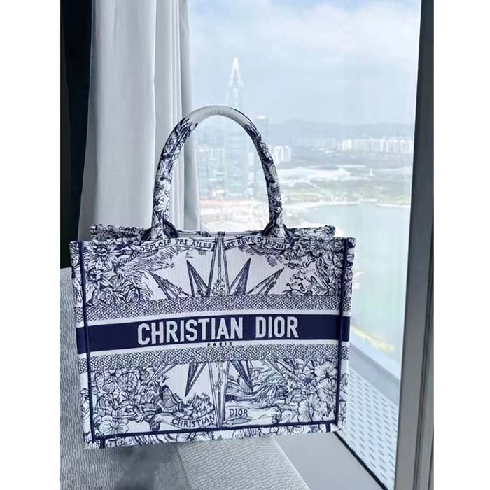 Dior Unisex CD Medium Book Tote White Blue Rêve D'Infini Embroidery