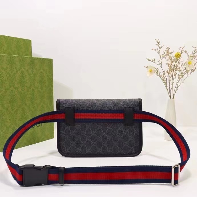 Gucci Unisex GG Black Belt Bag Black Grey GG Supreme Canvas Leather Trim