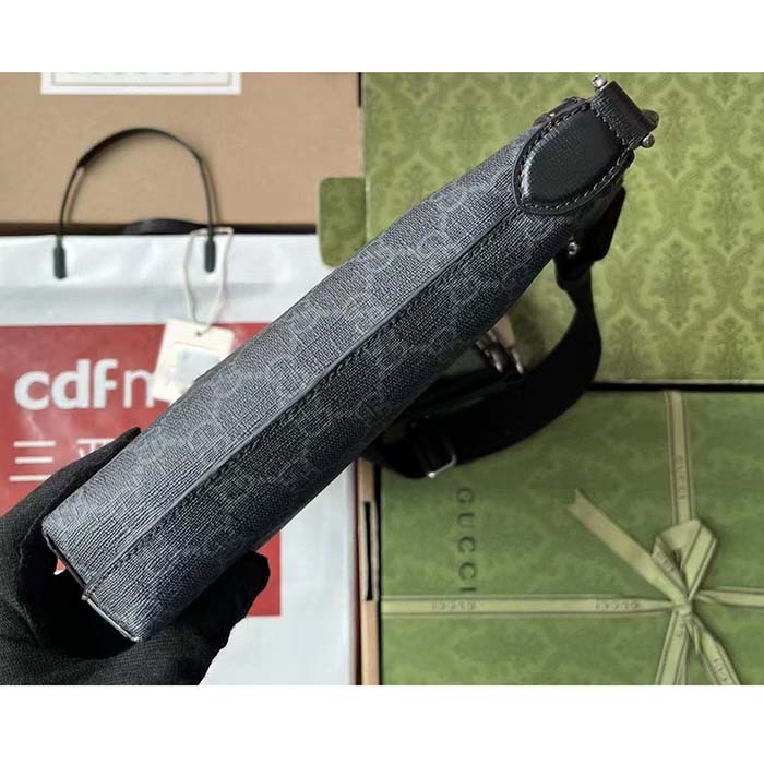 Gucci Unisex Messenger Bag Interlocking G Black GG Supreme Canvas Black Leather