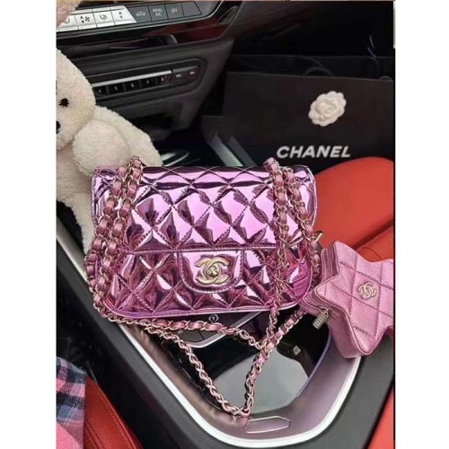 Chanel Women CC 22 Mini Flap Bag Star Coin Purse Mirror Metallic Calfskin Pink