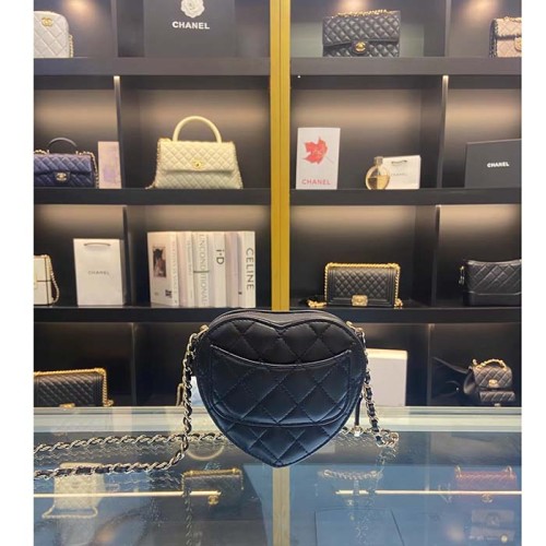 Chanel Women CC Heart Shape Bag Black Calfskin Leather Gold-Tone Metal