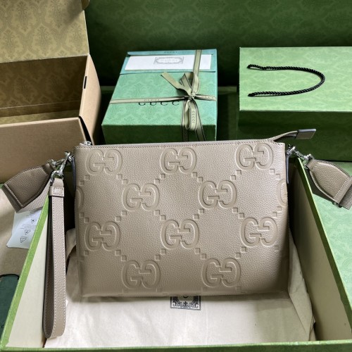 Gucci Unisex Jumbo GG Medium Messenger Bag Taupe Leather Zip Closure