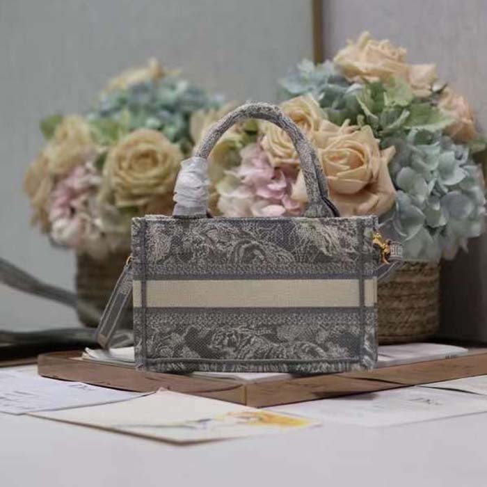 Dior Women Mini Dior Book Tote Strap Gray Toile De Jouy Reverse Embroidery