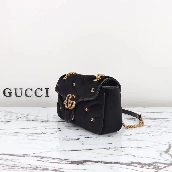 Gucci Women GG Marmont Small Shoulder Bag Black Quilted Chevron Velvet Leather Double G